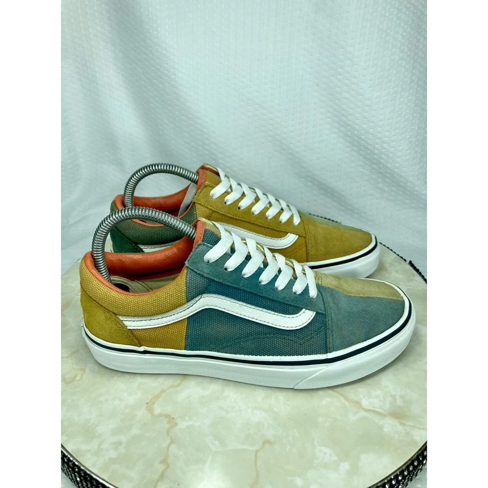 Vans Multi Color Block Skater Shoes Women 8.5 Green Tan Patchwork Retro Sneakers